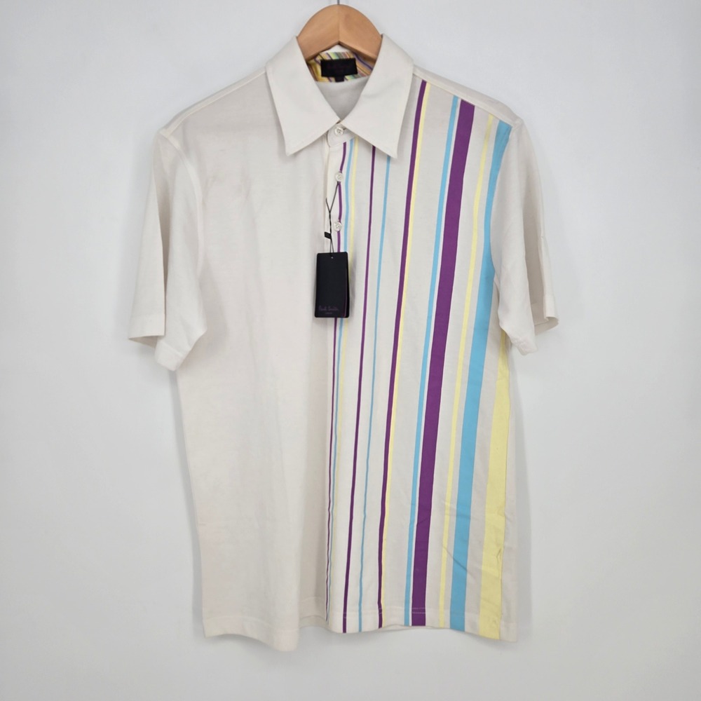 NWT FLAWS Paul Smith London Mens XL White Polo Shirt Colorful Stripes Cotton
